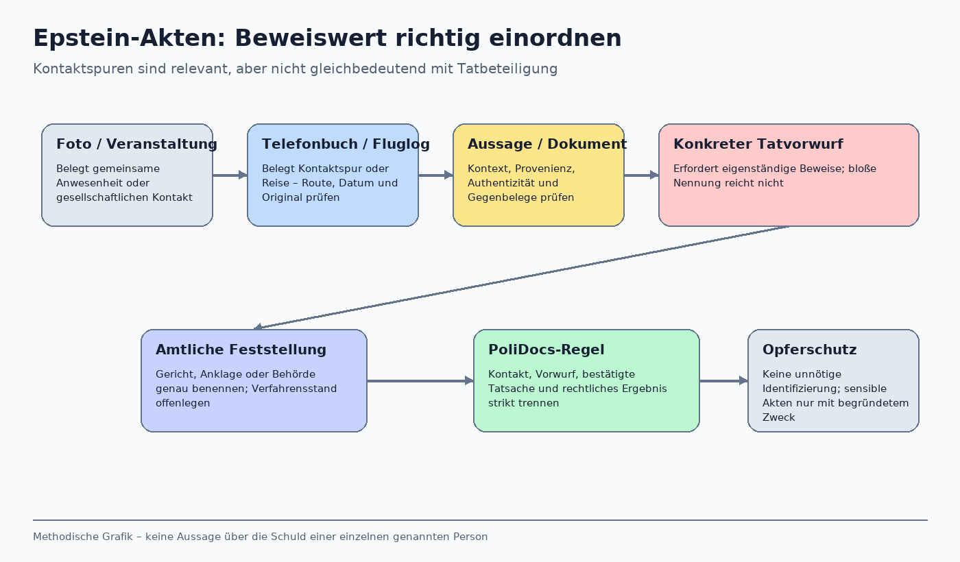 Evidenzregeln für Fotos, Kontaktlisten, Fluglogs, Aussagen, konkrete Tatvorwürfe und amtliche Feststellungen in Epstein-Akten